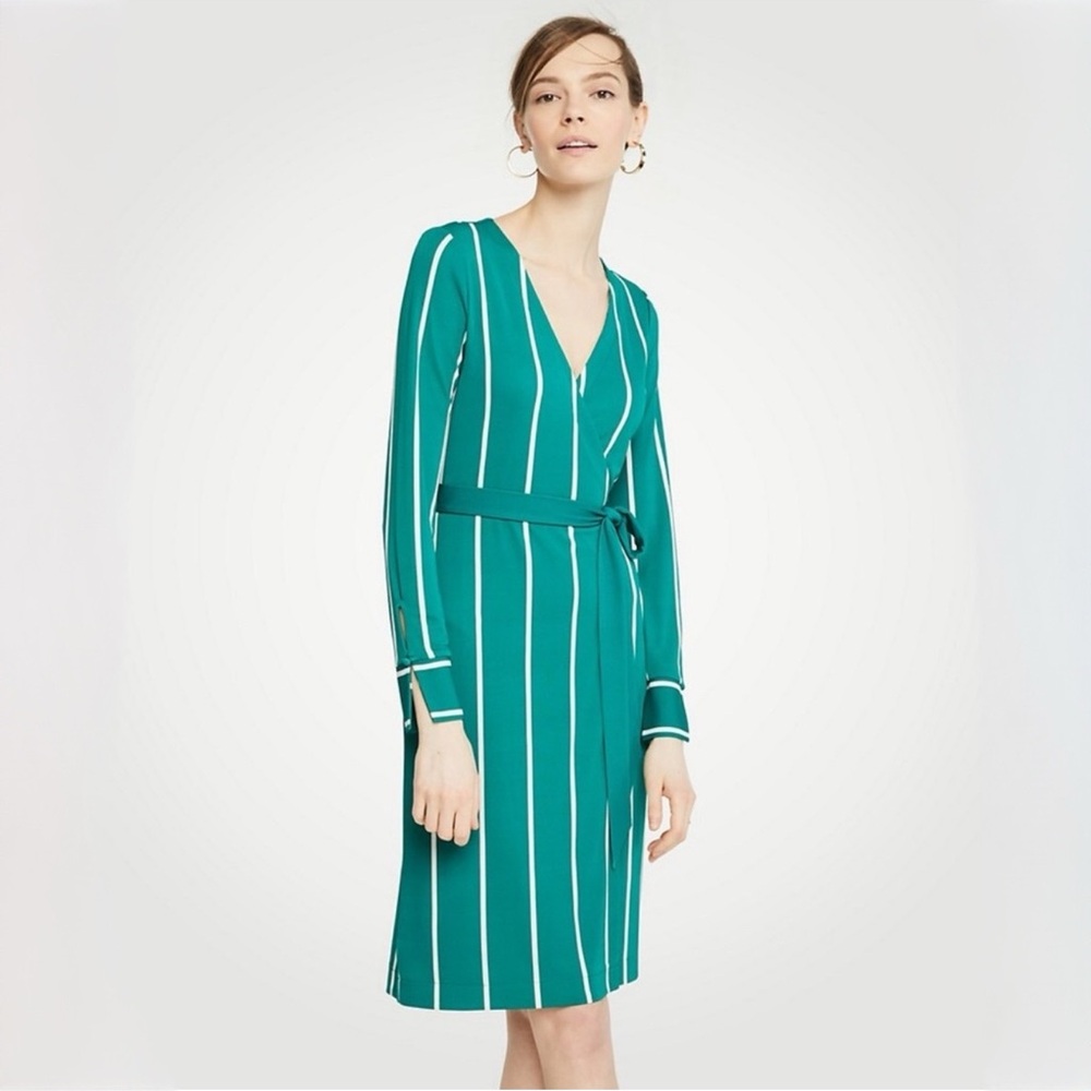 Ann Taylor Green Striped Wrap Dress